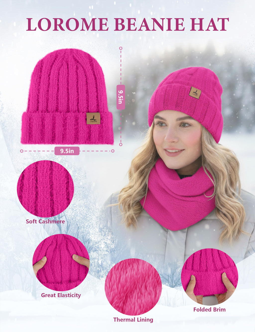 LOROME Winter Beanie Hat Gloves Scarf, Cashmere Hat Gloves Scarf Set Women