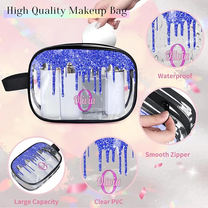 KFNHN Personalized Clear Makeup Bag with Name, Best Friends Teen Women Mom Birthday Gift Transparent PVC Toiletry Travel Bag for Toiletries, Shiny Bling Royal Blue Fluid Shape Glittery
