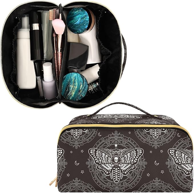 MNSRUU Makeup Organizer Bag, Skull Butterfly Black Travel Makeup Bags Makeup Vanity Case Large Capacity Rhombus Cosmetic Toiletry Bag for Girl Women Ladies