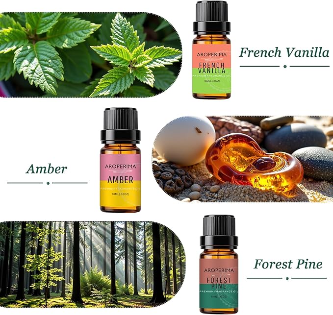 AROPERIMA WOODSHOP Fragrance Essential Oil Set - French Vanilla, Amber, Forest Pine, Fresh Cotton, Fresh Cut Grass, Sandalwood 6x10ML for Diffusers, Massage, Perfume, Soap Making and Candle