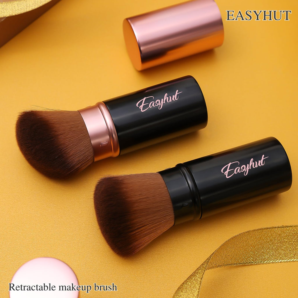 Easyhut Retractable Kabuki Makeup Brushes 2 Pcs Blush Brushes Set Portable Powder Brushes with Flat and Angled Top for Liquid Cream Girls Cosmetics Travel, Large/1.18inch, Rose Gold