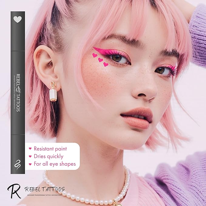 Rebel Tattoos 2-in-1 Eyeliner Stamp, Pigmented Intense Black Formula, Smudge-Budge Proof, Sweatproof, 24 Hour Stay Eyeliner Stamp Star Butterfly or Heart (Pink Heart)