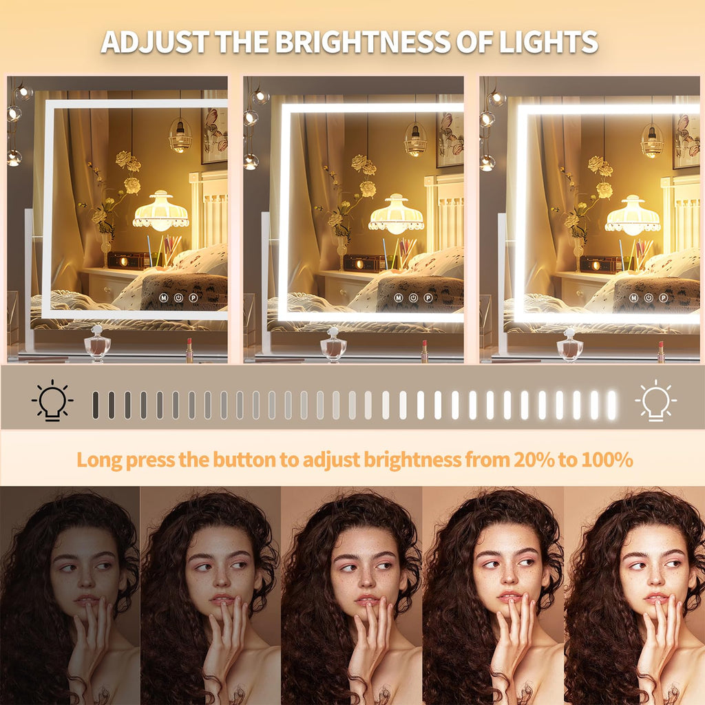 Hasipu Vanity Mirror with Lights, 25.6" x 21.3" LED Makeup Mirror, Light up Mirror with 10X Magnification and Phone Holder, USB Charging Port, Smart Touch 3 Colors Dimmable, 360° Rotation (White)