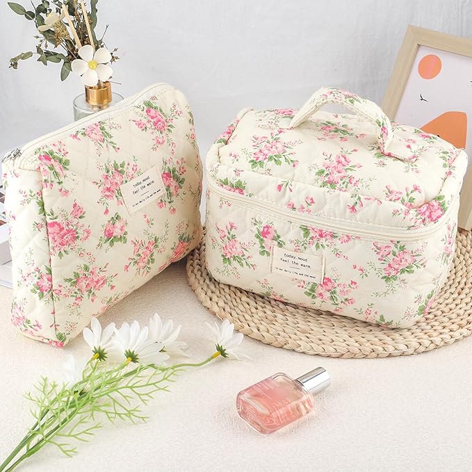 URSKYTOUS 2Pcs Cotton Quilted Makeup Bag for Women Extra Large Small Travel Cosmetic Bag Set Cute Pink Floral Print Makeup Pouch Portable Toiletry Bag Organizer Coquette Vintage Puffy Travel Essential