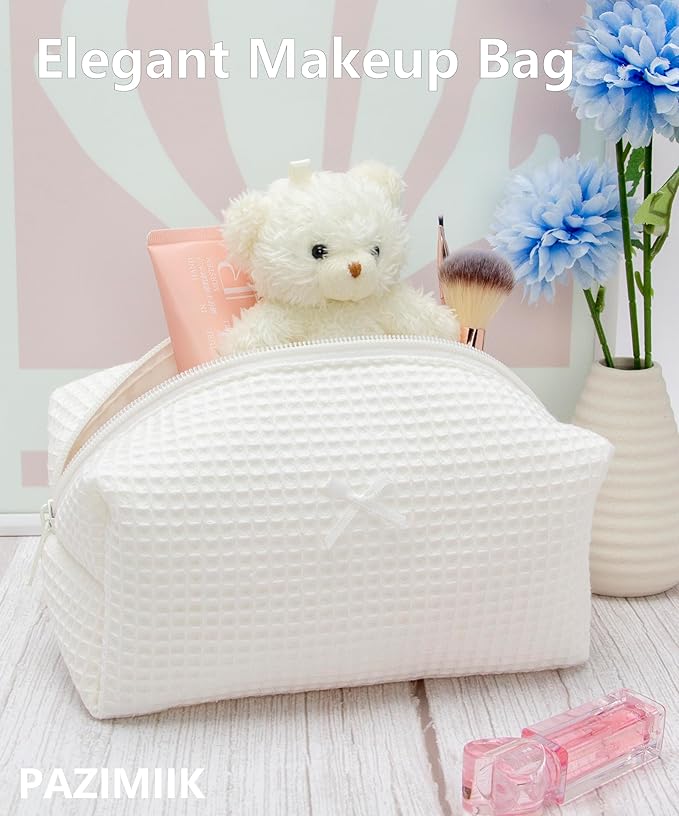 Cozy Makeup Bag for Women,Zipper Cosmetic Pouch,Waffle Cream White,2 Pack