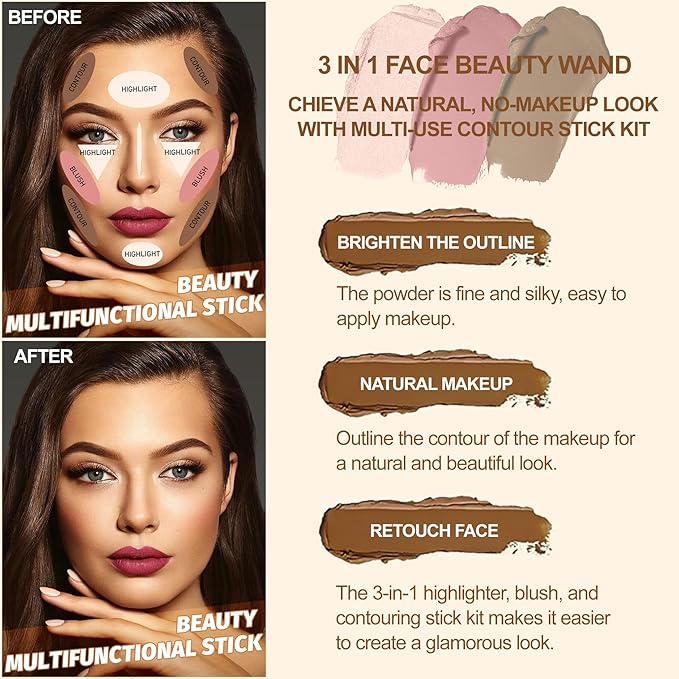 3Pcs Contour Stick Kit,Shades with Highlighter Blush Bronzer, LIGHT MEDIUM
