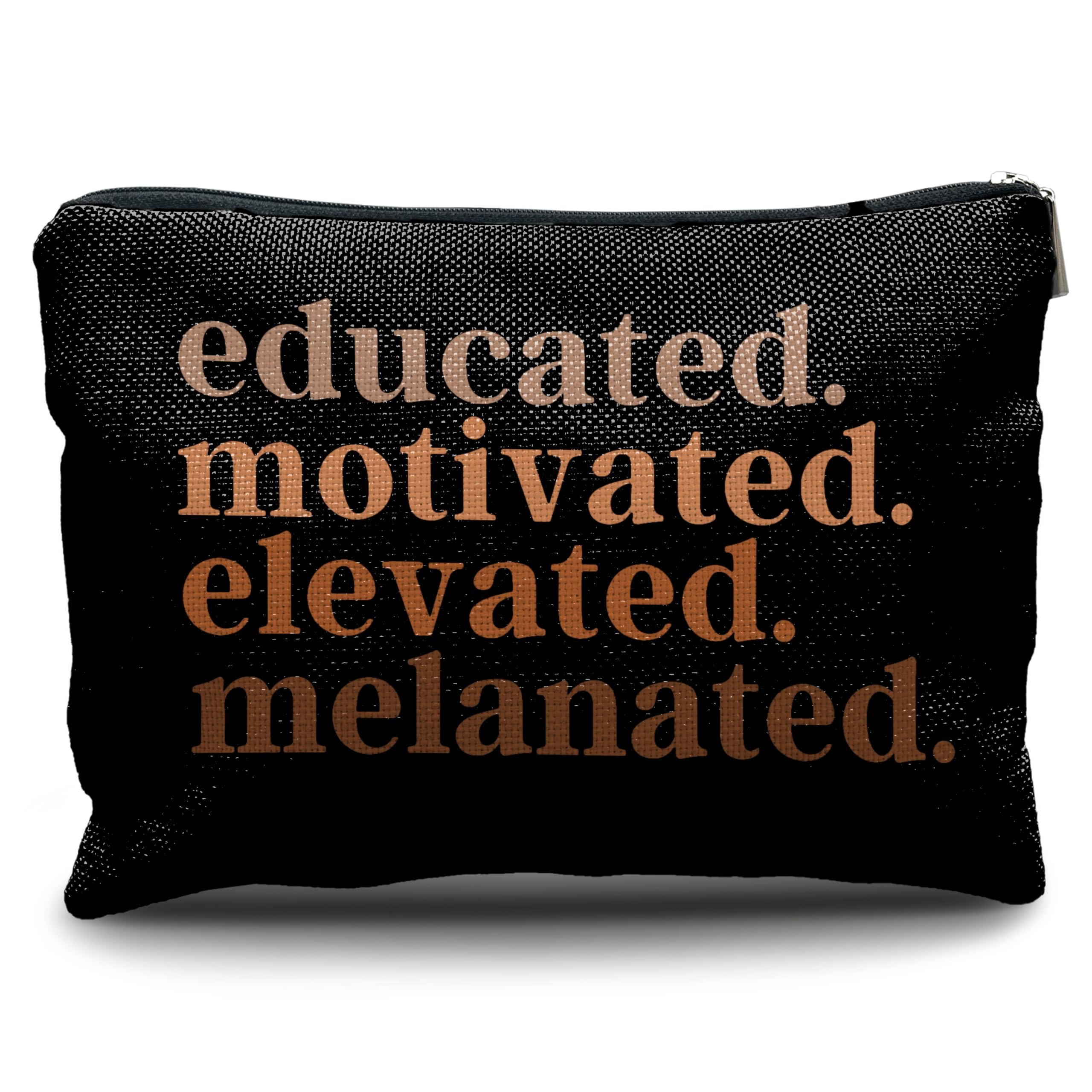 Nogrit African American Gifts,Black Women Gifts,Educated Motivated Elevated Melanated,Black Women Makeup Bag Cosmetic Bag, Melanin Makeup Travel Toiletry Bag,gifts for African American women/black