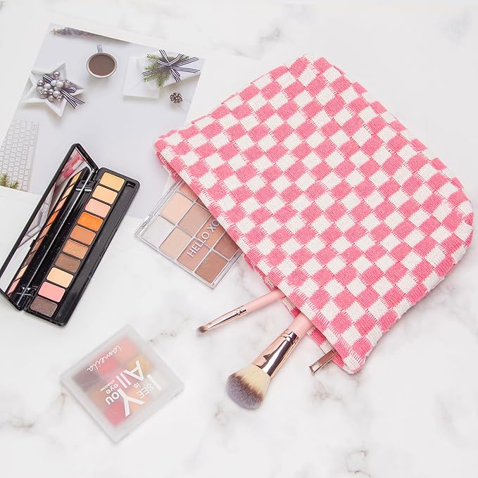 PAZIMIIK Checkered Makeup Bag for Purse, Small Flat Cosmetic Pouch,Pink
