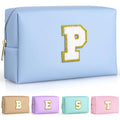 TOPEAST Personalized Makeup Bag, Chenille Letter Pouch Cosmetic Bag w Zipper, PU Leather Waterproof Toiletry Bag, Bridal Shower Gifts for Bridesmaids, Cute Stuff for Girls (Sky Blue P)