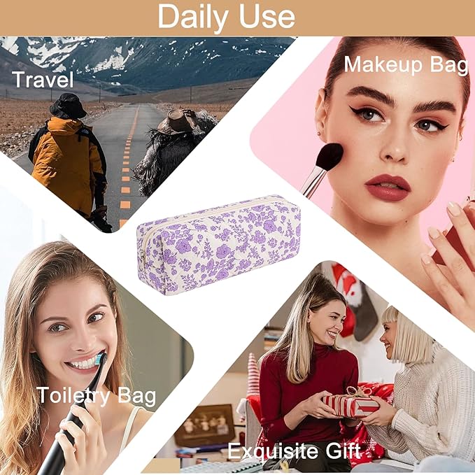 HHQQWZ Cute Floral Cotton Makeup Brush Cosmetic Bag for Women, Travel Quilted Zipper Make Up Bag, Flowers Toiletry Organizer Case Kawaii Makeup Cosmetic Travel Cloth Pouch (Big Purple Floral)
