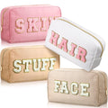 Remerry 4 Pcs Nylon Makeup Bags Waterproof Spacious Travel Cosmetic Bag for Women Chenille Letter Preppy Zipper Pouch Face Stuff Skin Hair Organizer Gift(Light Brown, Beige, Light Pink, White)