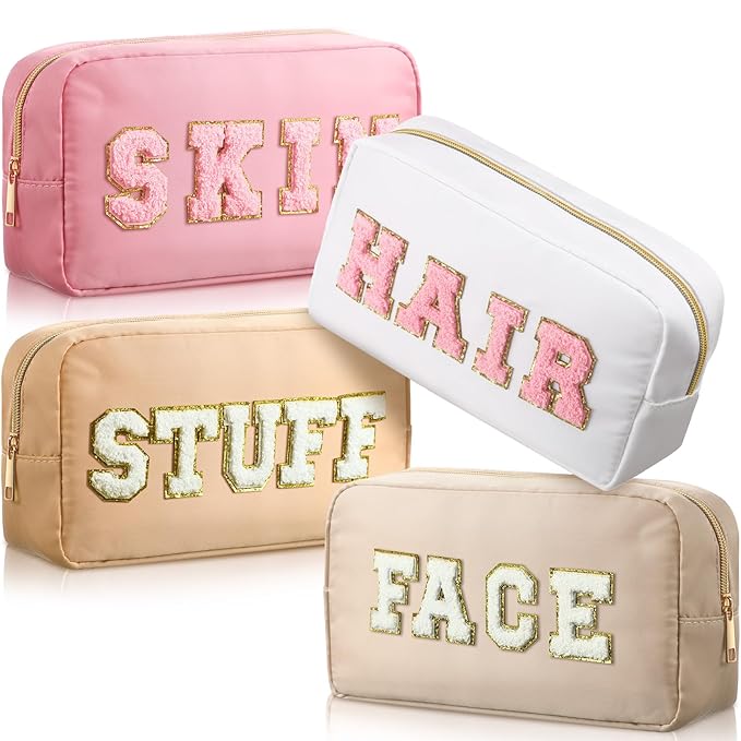 Remerry 4 Pcs Nylon Makeup Bags Waterproof Spacious Travel Cosmetic Bag for Women Chenille Letter Preppy Zipper Pouch Face Stuff Skin Hair Organizer Gift(Light Brown, Beige, Light Pink, White)