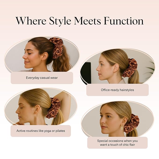 Kitsch Ruffle Satin Scrunchies For Women - Gentle Hair Tie - Camel
