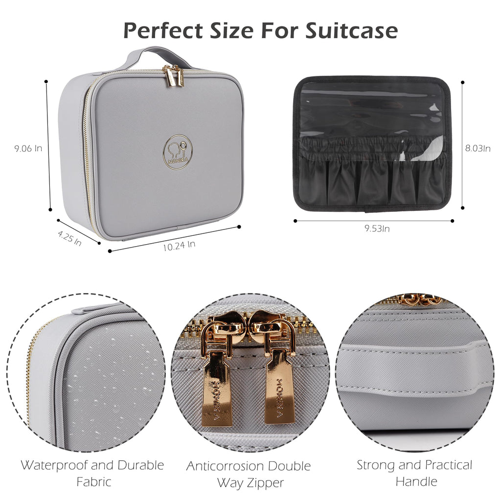 MOMIRA Travel Makeup Bag Cosmetic Bag Makeup Organizer Bag with Lighted Mirror, Adjustable Brightness in 3 Color Scenarios, Waterproof Makeup Train Case, Gift for Women - Grayish