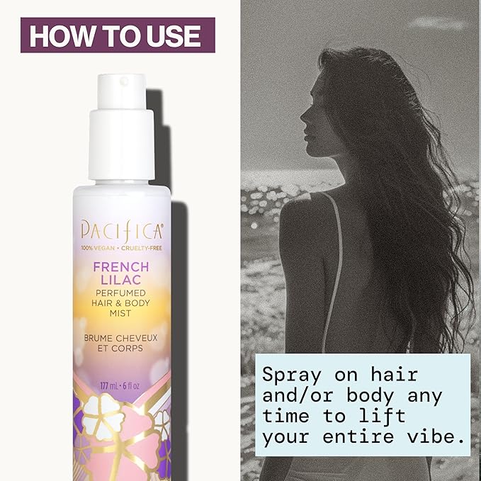Pacifica French Lilac Hair & Body Mist – Clean Vegan Floral Hair Perfume Spray for Women, Fresh-Cut Lilac, Magnolia & Heliotrope Notes, Alcohol-Free Head-to-Toe Fragrance, Cruelty-Free, 6 Fl Oz