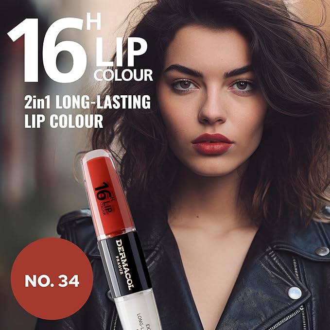 Dermacol 16-Hour Lip Color, Two-Phase Kissproof Lip Stain & Gloss, No.34