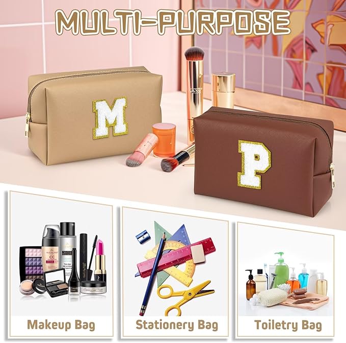 TOPEAST Personalized Birthday Gifts for Women, Preppy Patch Makeup Bag, Chenille Letter Pouch Cosmetic Bag, Travel Organizer, Gifts for Friends, Cute Stuff for Women (Khaki L)