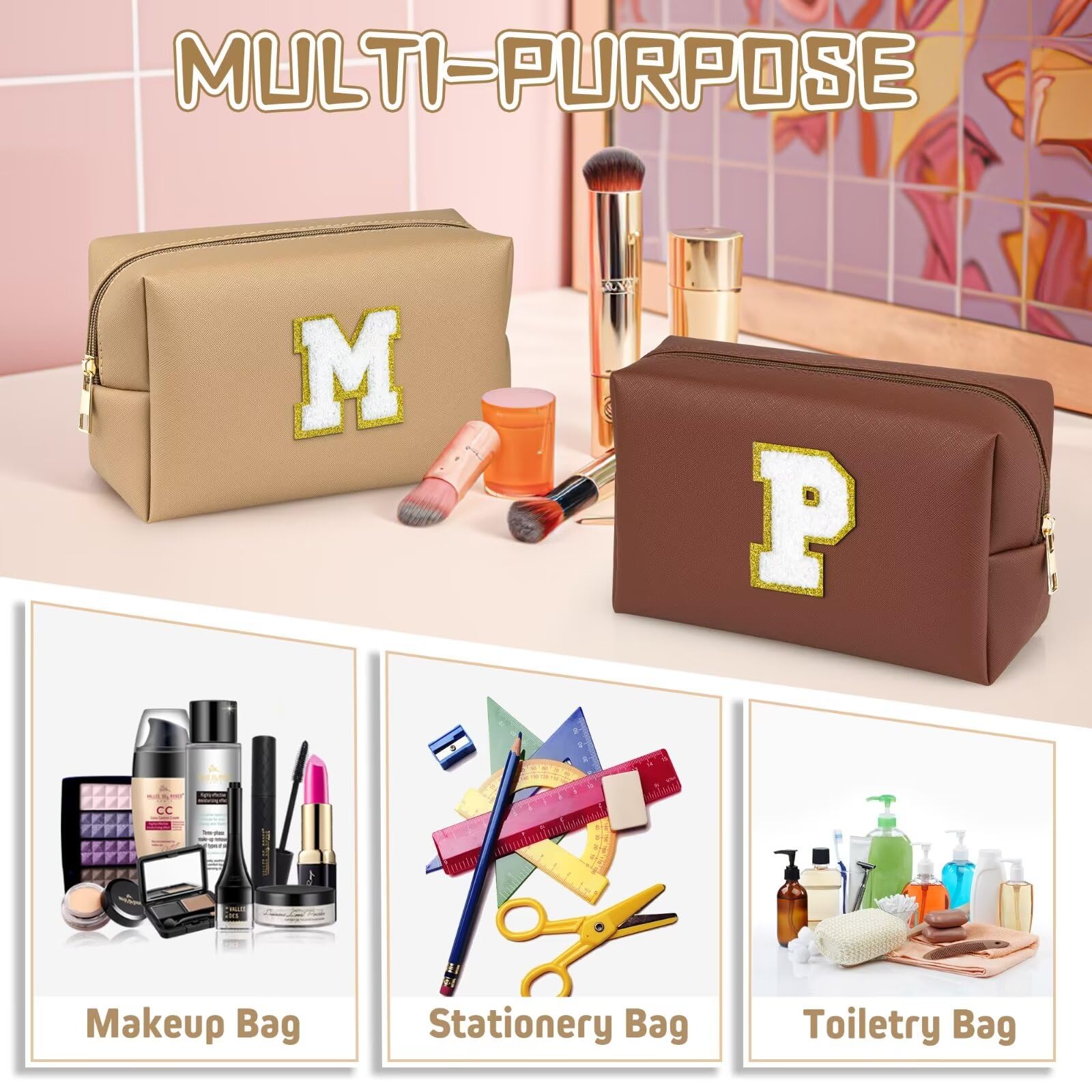 TOPEAST Cosmetic Travel Bags for Women, Preppy Small Makeup Bag, PU Leather Waterproof Toiletry Bag, Unique Friendship Gifts for Friends Coworker, Cute Stuff for Girls (Khaki R)