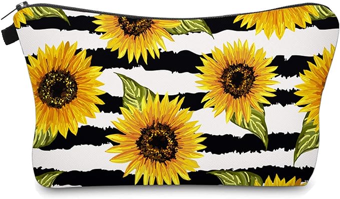 Aiphamy Cute Travel Makeup Bag Cosmetic Bag Small Pouch Gift for Women (Stripes Sunflowers)