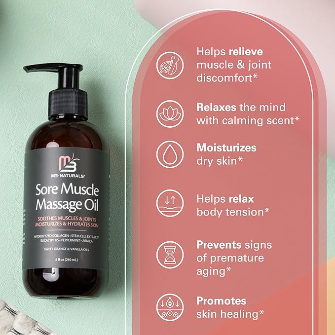 Arnica Massage Oil for Sore Muscles with Collagen, Stem Cells 8 fl oz by M3