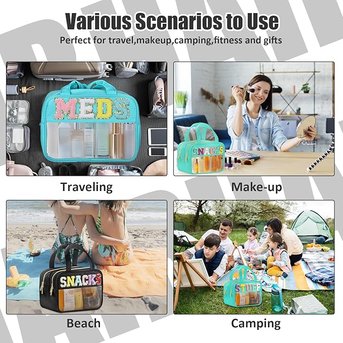 BuyCard Chenille Letter Clear Makeup Bags, Snacks Bag for Travel, Preppy Patch Nylon Cosmetic Bag with Handles and Zipper, Waterproof Large Clear Travel Toiletry Bag Storage Bag for Women Black