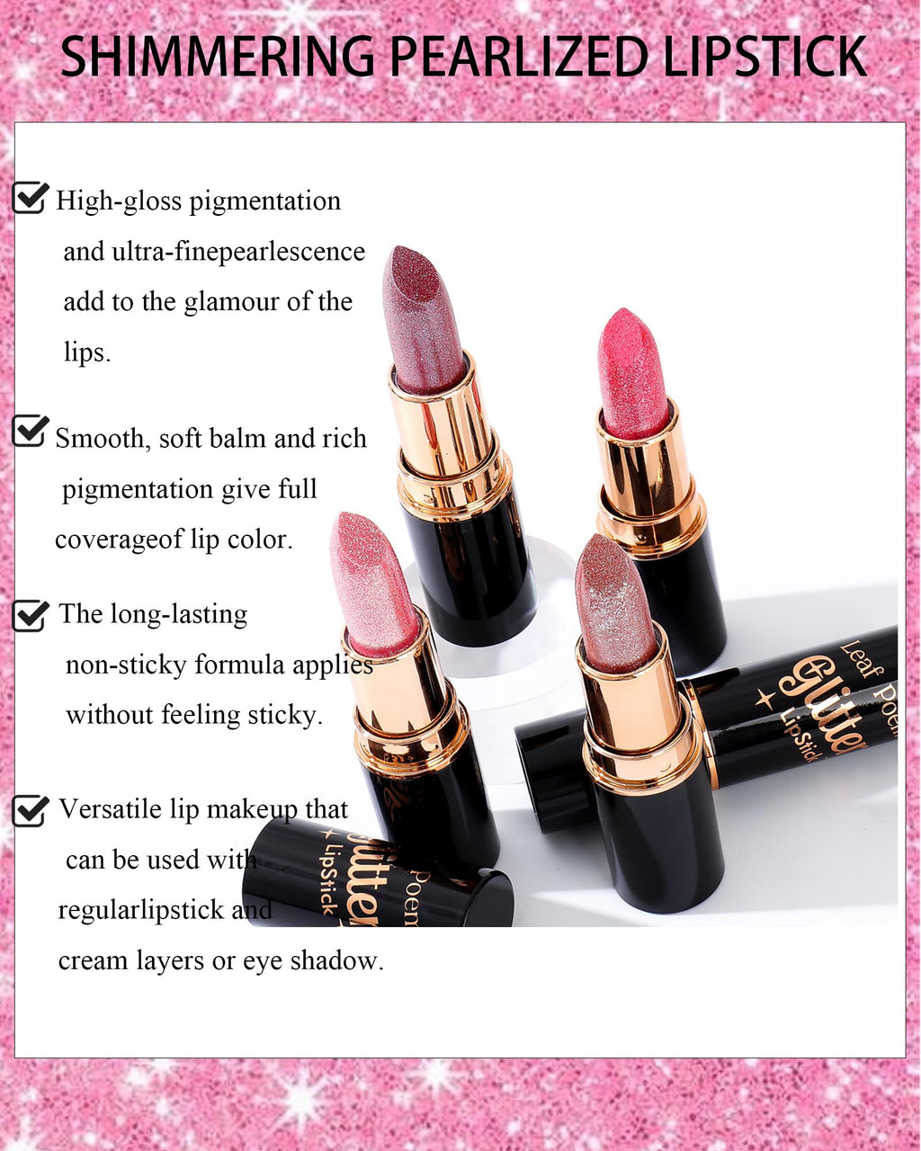 Metallic Rose Pink Glitter Lipstick for Women,Diamond Shimmer Lip Gloss,03