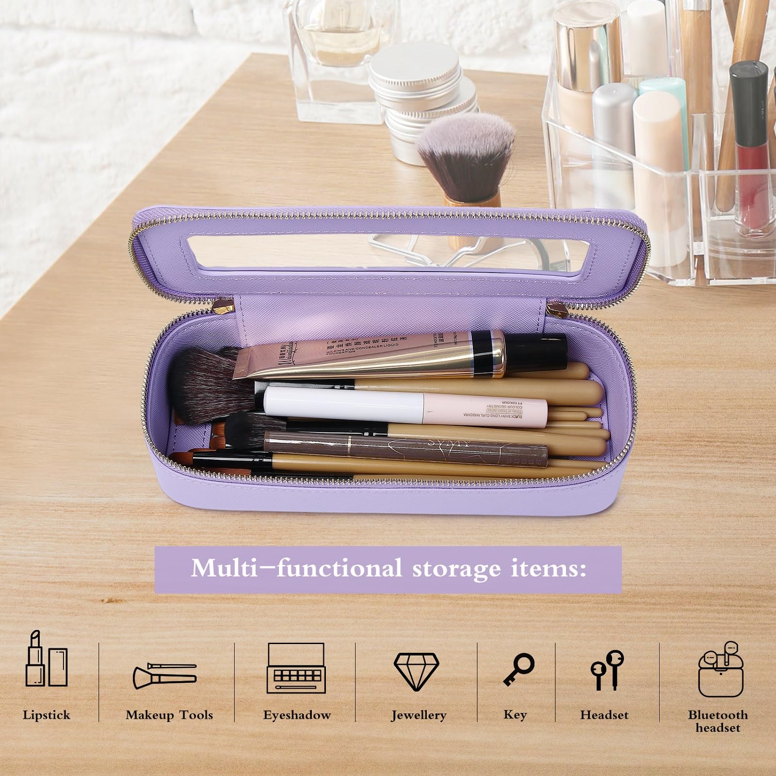 Pinkmik Makeup Brush Bag Slim Clear Makeup Bag Transparent Travel Cosmetic Case & Toiletry Bag with Zipper Small Beatuy Makeup Bag Purse Organizer for Women (X/Purple, SLIM)