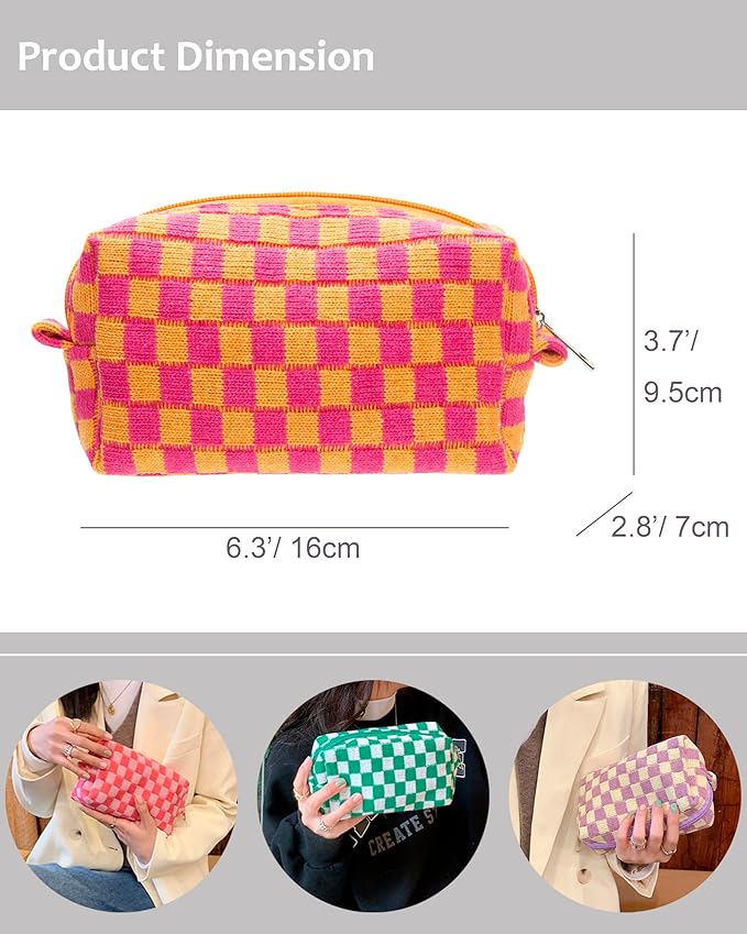 Checkered Makeup Bag for Purse, Small Travel Cosmetic Pouch,Red Orange