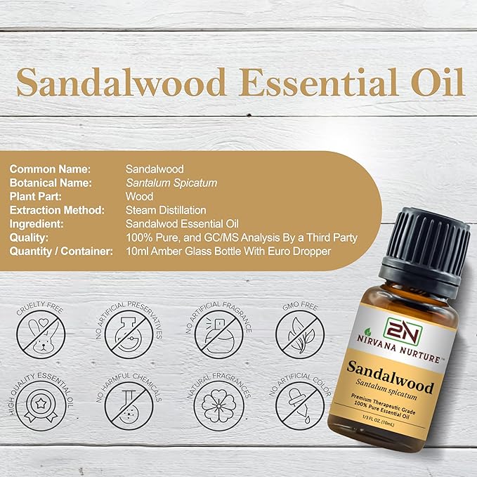 Nirvana Nurture Sandalwood Essential Oil, 100% Pure Undiluted, Aromatherapy Oil for Diffuser, Hair & Skin Care