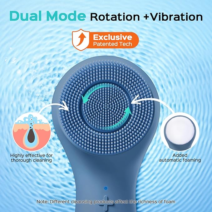 COSLUS FBS03 Face Scrubber Facial Cleansing Brush: 2 in 1 Spin and Vibration Patented, Silicone Electric Exfoliator Scrubber with Automatic Foaming, Waterproof Face Cleanser Brush (Navy Blue)