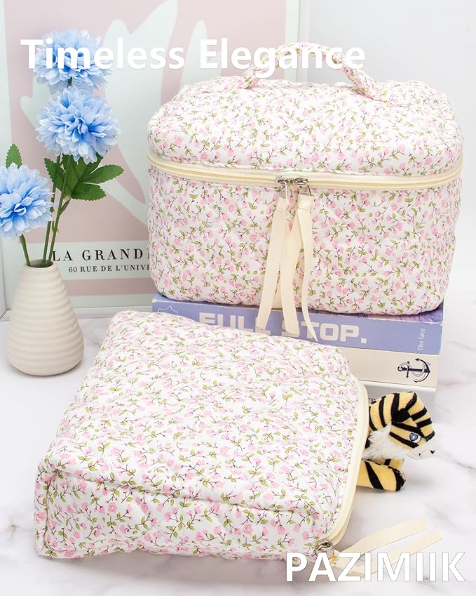 Quilted Makeup Pouch for Women, Travel Cosmetic&Toiletry Bag,Floral Pink