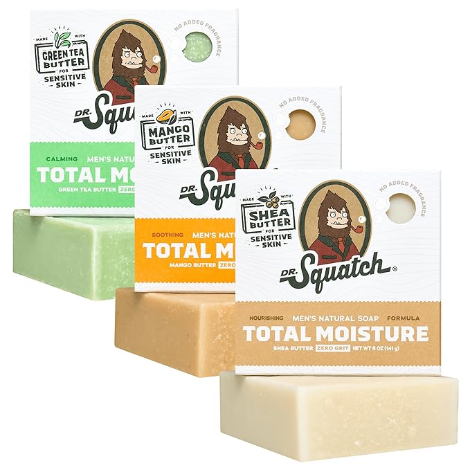 Dr. Squatch Total Moisture Natural Men’s Bar Soap – Non-Drying 2-in-1 Face + Body Soap Bar – Plant-Based Ingredients, Created for All Skin Types – Gifts for Men – 5oz (3-Pack)
