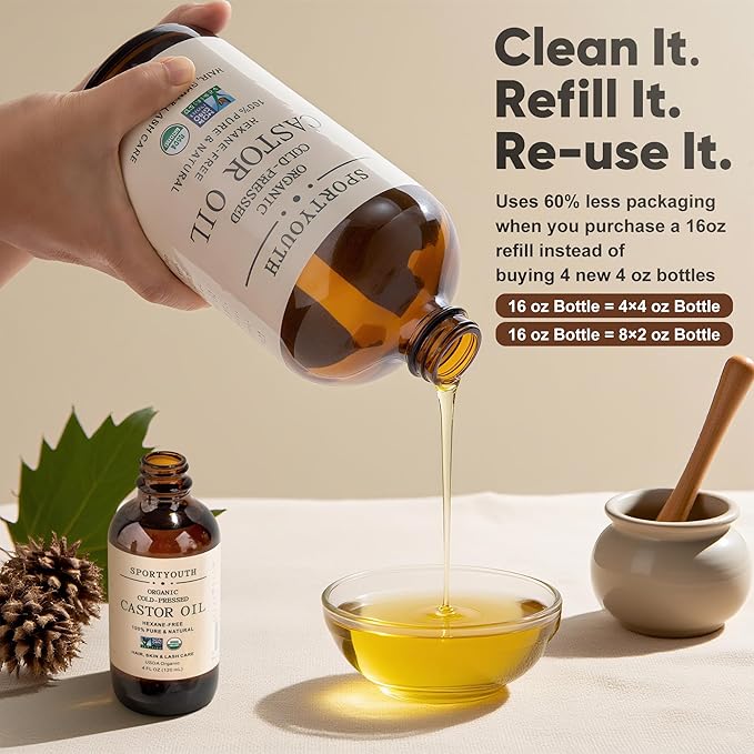 SPORTYOUTH USDA Organic Castor Oil Cold Pressed Hexane Free Glass Bottle