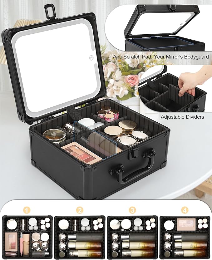 TANTO Travel Makeup Case with LED Mirror, Adjustable Dividers for Women