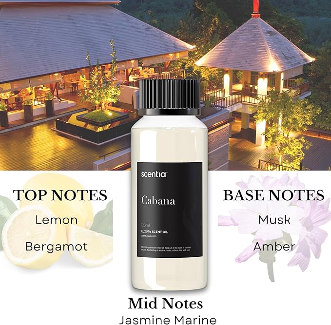 Scentia Coastal (Cabana) Diffuser Oil Refill – Hotel Fragrance Oil Inspired by 5-Star Spa – 120 mL – Jasmine, Bergamot & Sea Breeze Long-Lasting Scent for Ultrasonic & Waterless Diffusers, Made in USA