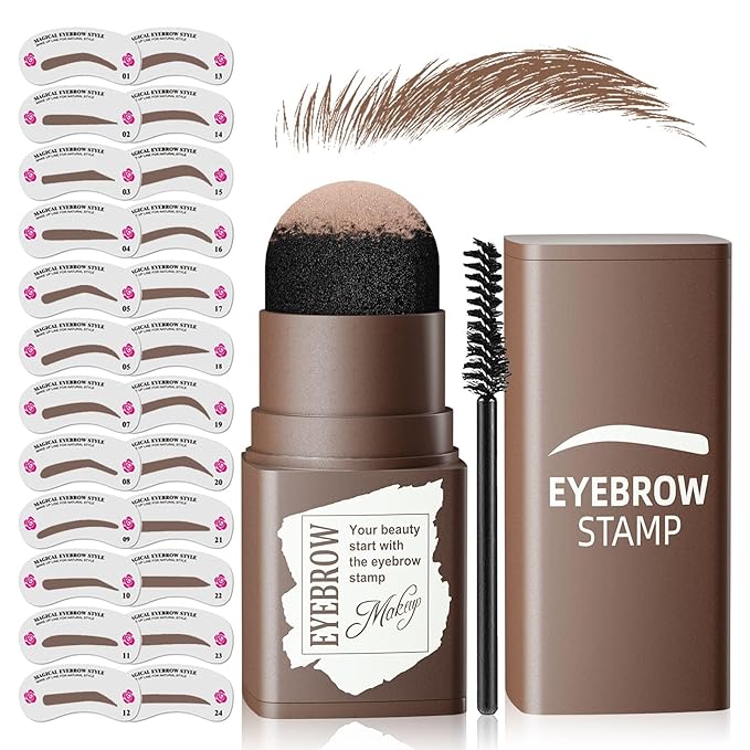 Eyebrow Stamp and Eyebrow Stencils for Shaping 24pcs Reusable with Brow Brush, Brow Stamp Waterproof for Natural Eyebrow Color (Medium Brown)