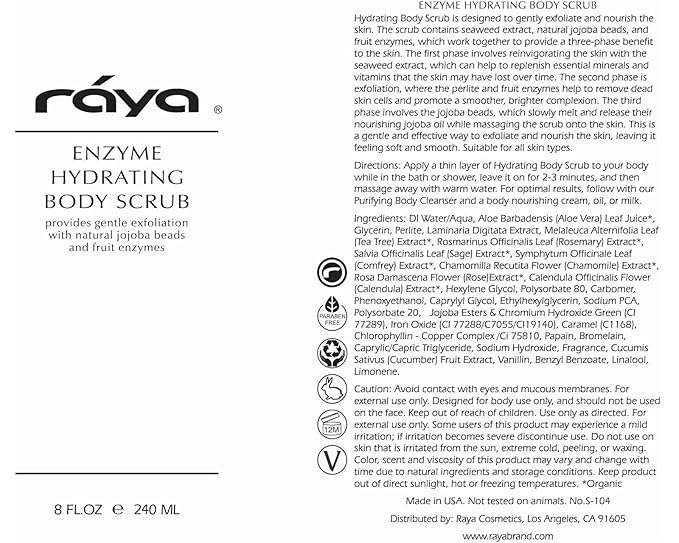 RAYA Enzyme Hydrating Body Scrub 8 oz Cucumber Scent (S-104) | Gentle and Exfoliating Body Scrub | Made with Seaweed, Jojoba Beads, and Fruit Enzymes