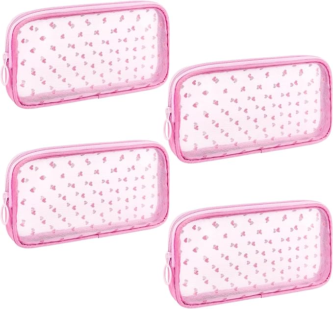 Sinzip 4 Pieces Mini Zipper Nylon Mesh Pouch, Mesh Cosmetic Bags Makeup Bags, Multipurpose Travel Toiletry Bags for Office Supplies and Travel Accessories (Heart Print-Pink, M)