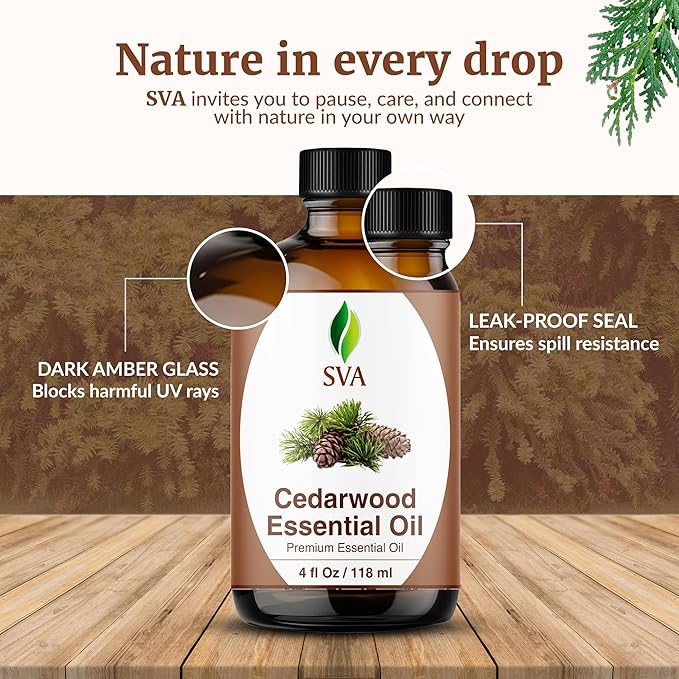 SVA Cedarwood Essential Oil 4 Fl Oz – for Diffuser, Skin & Hair Care – Ideal for Massage & DIY Blends - with Dropper