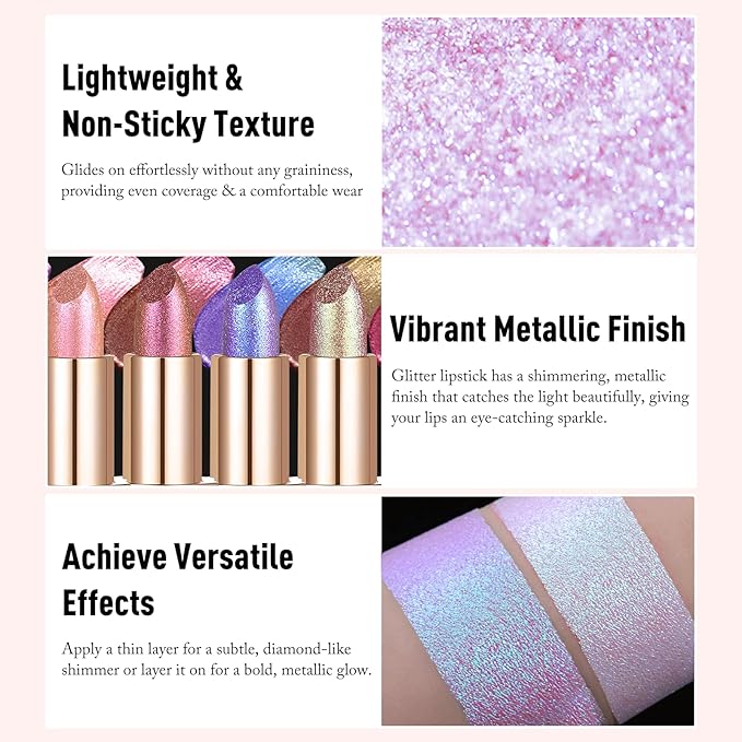 Wugbc Hot Pink Glitter Lipstick with Metallic Finish, Holographic Shimmer Lip Stick Long Lasting Lightweight Hydrating Lip Tinted Non-Sticky Full Coverage Sparkling Lipstick for Women