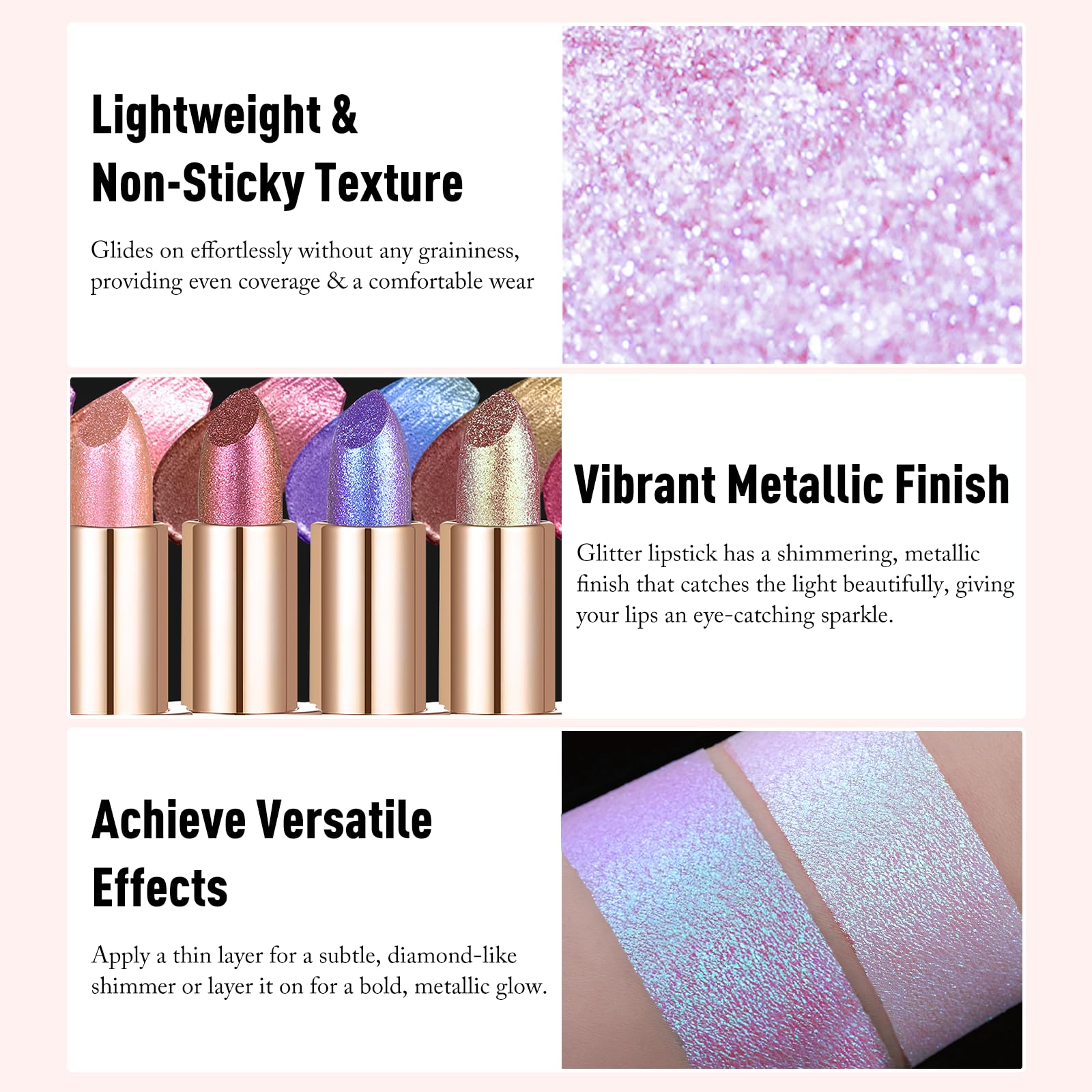 Wugbc Glitter Lipstick Makeup, Rose Gold Holographic Metallic Lip Stick Long Lasting Lightweight Non-Sticky Hydrating Lip Tinted Full Coverage Sparkling Chameleon Lipstick for Women