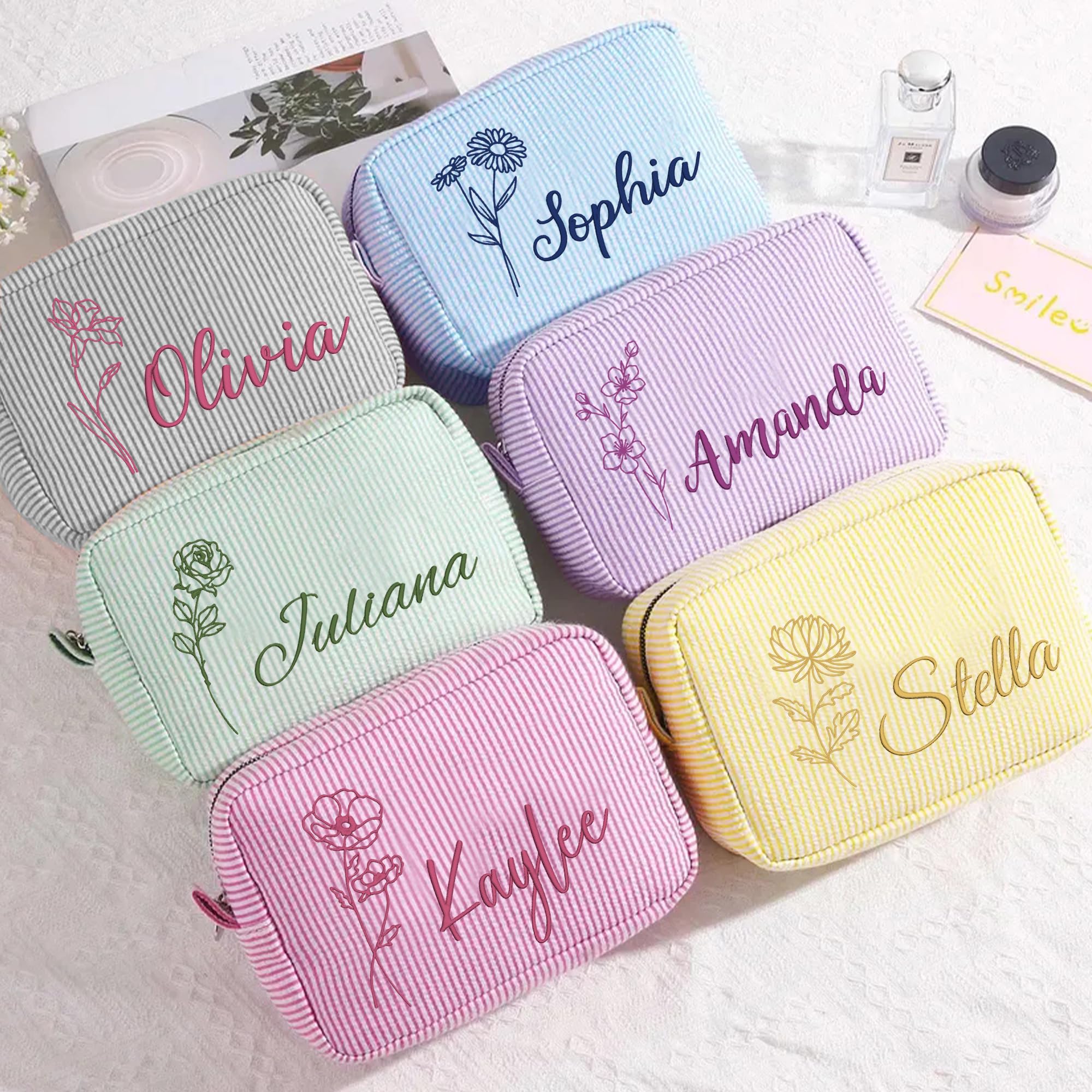 Yofair Personalized Makeup Bag with Name, Bridesmaid Gifts Large Capacity Travel Toiletry Case Custom Seersucker Cosmetic Bags Wedding Birthday Gifts for Girls Women