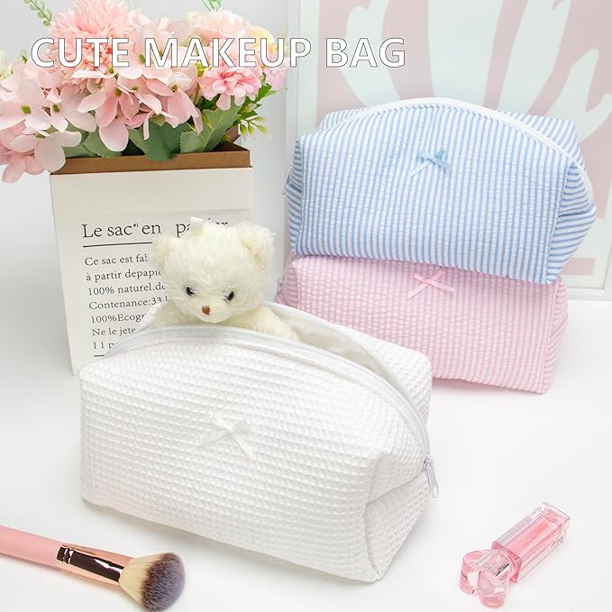 Cozy Makeup Bag for Women,Zipper Cosmetic Pouch,Waffle White,2 Pack