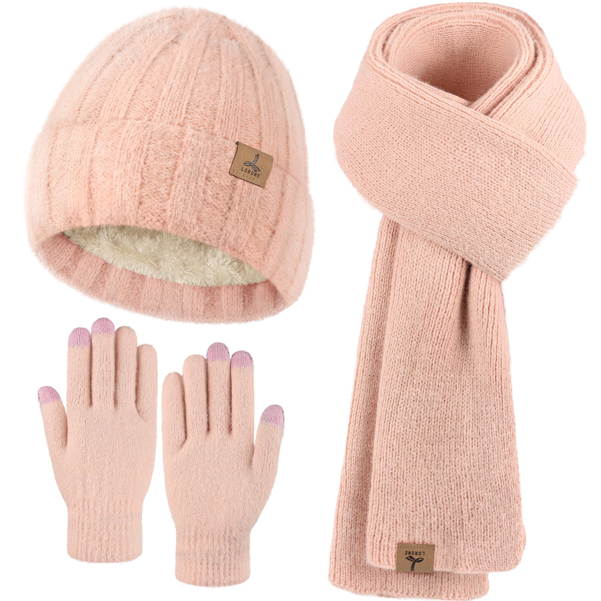 LOROME Winter Beanie Hat Gloves Scarf, Cashmere Hat Gloves Scarf Set Women