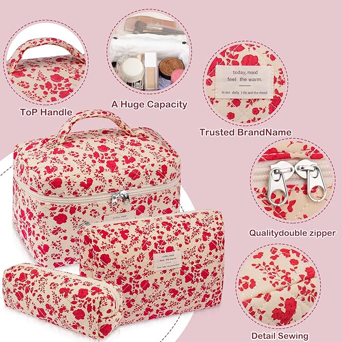 Gosect 3pc Makeup Bag Set, Quilted Makeup Bag Set, Large Floral Cosmetic Bag for Women, Cute Cotton Makeup Bags, Flower Travel Toiletry Organizer Bag (Bright Pink)