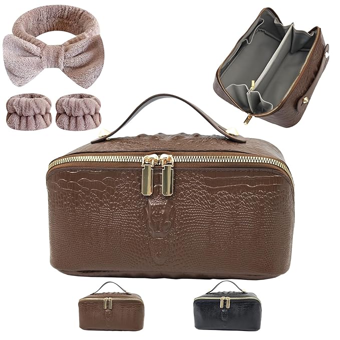 Cuteseason PU Leather Makeup Bag for Women, Structured Makeup Case with Wide Opening, Travel Cosmetic Bag with Compartments and Handle, Water-Resistant Makeup Organizer(Brown Crocodile Grain)