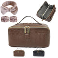 Cuteseason PU Leather Makeup Bag for Women, Structured Makeup Case with Wide Opening, Travel Cosmetic Bag with Compartments and Handle, Water-Resistant Makeup Organizer(Brown Crocodile Grain)