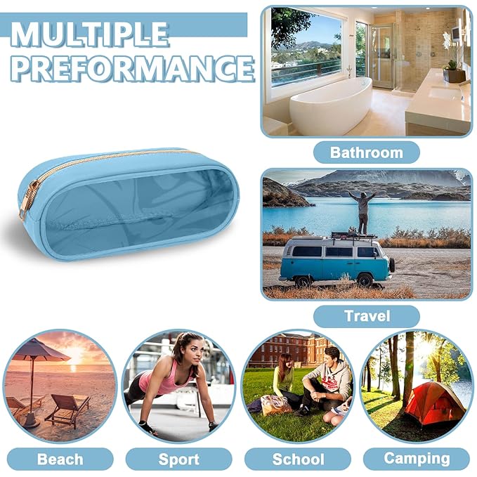 UIXIZQ Clear Small Pencil Pouch Makeup Bag for Purse,Nylon&PVC Pencil Case Waterproof Makeup Brush Holder with Zipper,Preppy Transparent Pen Bag Travel Cosmetic Bag for Women Office(Slim-Blue)