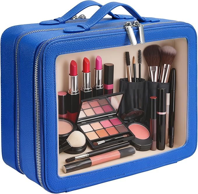 idoltimes Clear Makeup Bag,Large Toiletry Case for Women,PU Leather Travel Cosmetic Bag,Detachable Makeup Case,Double Compartment Make up Organizer