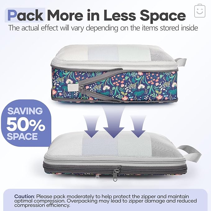 Veken 9/11 Set Compression Packing Cubes Garment Bags for Travel Essentials,Compressible Expandable Luggage Organizer Bags,Space Saver Bags with Over 1000 pcs of Mesh Holes(Dark Blue Floral)